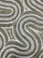 Load image into Gallery viewer, Close-up of Sand Dunes (Tali) Gwenda Turner Nungurrayi 89cm x 58cm Olive Green with wavy lines in white on a white background
