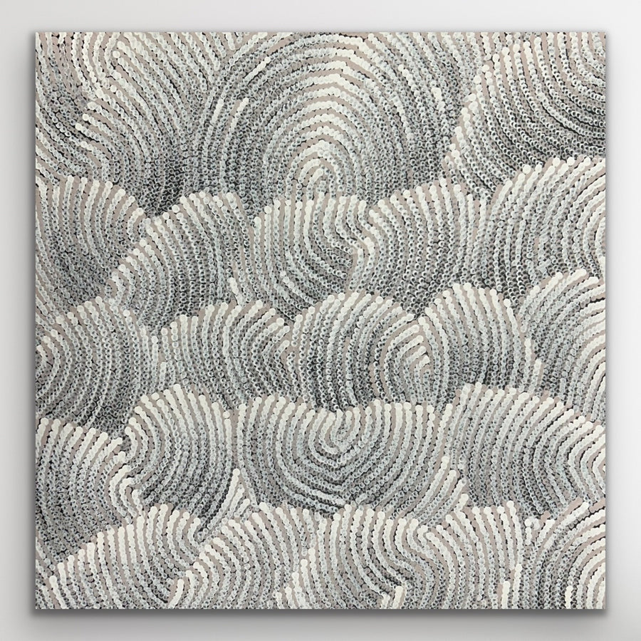 Full view of Sand Dunes Tali by Maureen Nampijinpa Hudson showing soft dune like line patterns and detailed dot work.