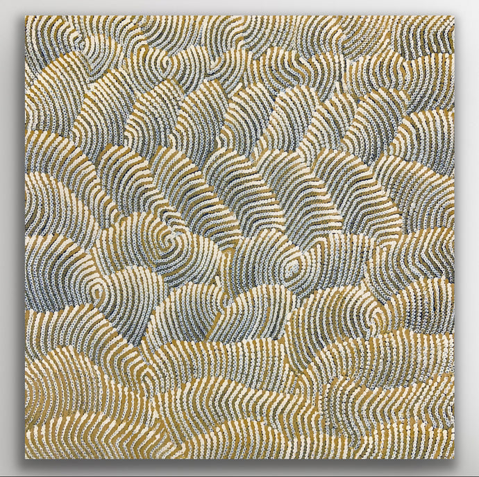 Original Aboriginal artwork with flowing dune patterns in warm gold and grey tones