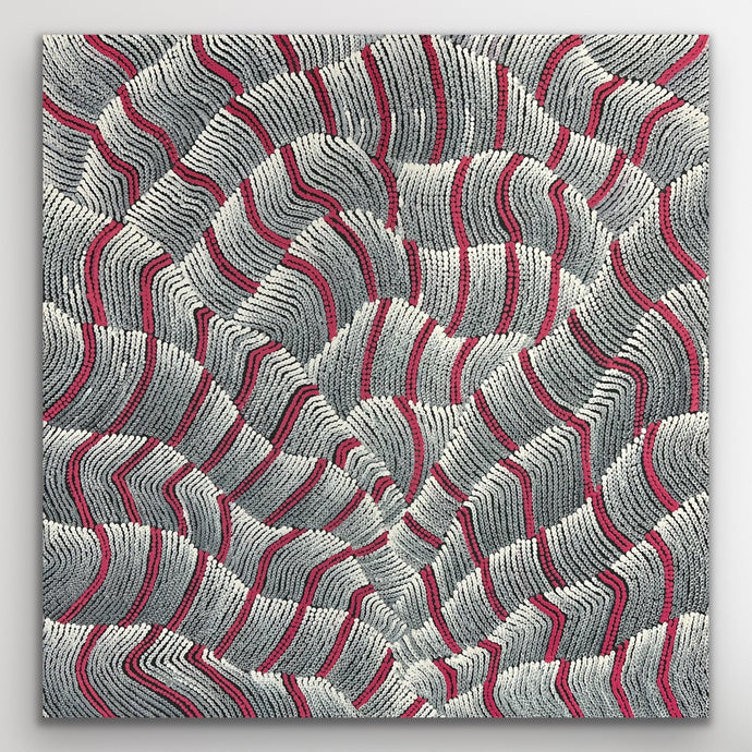 Original Aboriginal artwork featuring red and grey flowing sand dune patterns by Maureen Nampijinpa Hudson