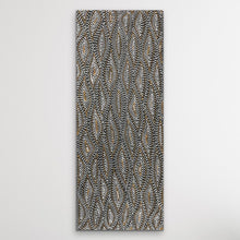 Load image into Gallery viewer, Aboriginal Seed Dreaming painting by Marshall Jangala Robertson, 90cm x 36cm, monochrome dot art displayed on a white wall with cultural meaning.
