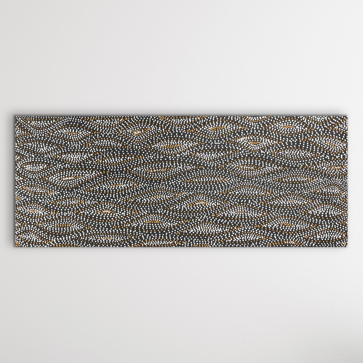 Indigenous Seed Dreaming artwork by Marshall Jangala Robertson, 90cm x 36cm, shown horizontally with detailed flowing dot work against a white wall.