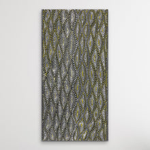 Load image into Gallery viewer, Aboriginal Seed Dreaming painting by Marshall Jangala Robertson, 90cm x 44cm, intricate monochrome dot art displayed against a white wall.
