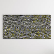 Load image into Gallery viewer, Indigenous Seed Dreaming artwork by Marshall Jangala Robertson, 90cm x 44cm, shown horizontally with fine detailed dot work on white wall.
