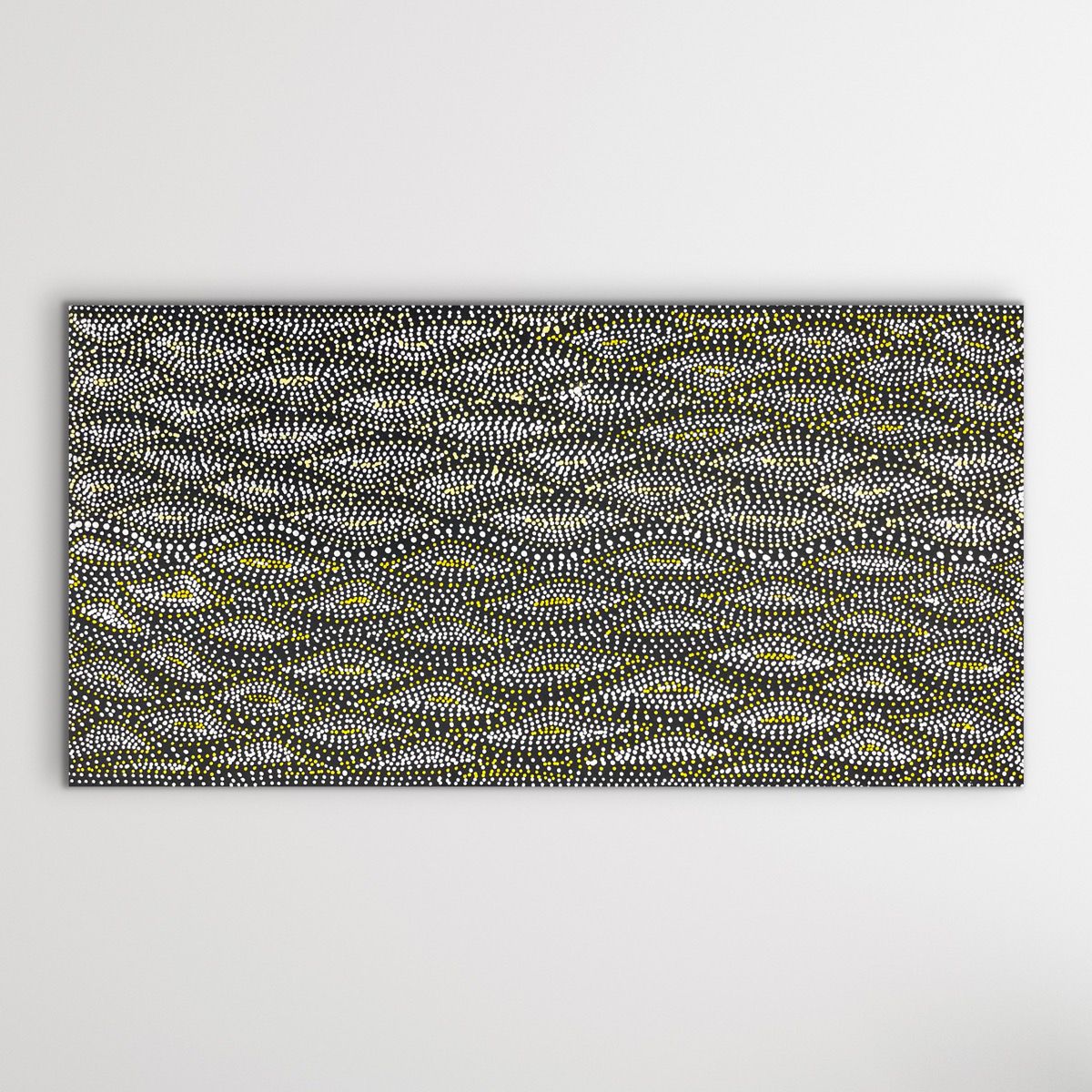 Indigenous Seed Dreaming artwork by Marshall Jangala Robertson, 90cm x 44cm, shown horizontally with fine detailed dot work on white wall.