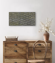 Load image into Gallery viewer, Aboriginal Seed Dreaming painting by Marshall Jangala Robertson, 90cm x 44cm, styled on a white wall in a contemporary home setting.
