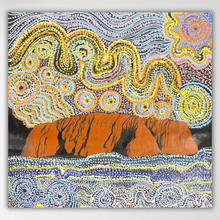 Load image into Gallery viewer, "Seven Sisters" Rhoda Tjitayi 60cm x 59cm An Aborigina dot painting artwork depicting uluru, with swirling concentric circles, wavy lines, and dotted patterns in yellow, blue, purple, black, white, and orange across the canvas.
