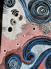 Load image into Gallery viewer, Aboriginal artwork close up swirling patterns in blue, pink, on black background.

