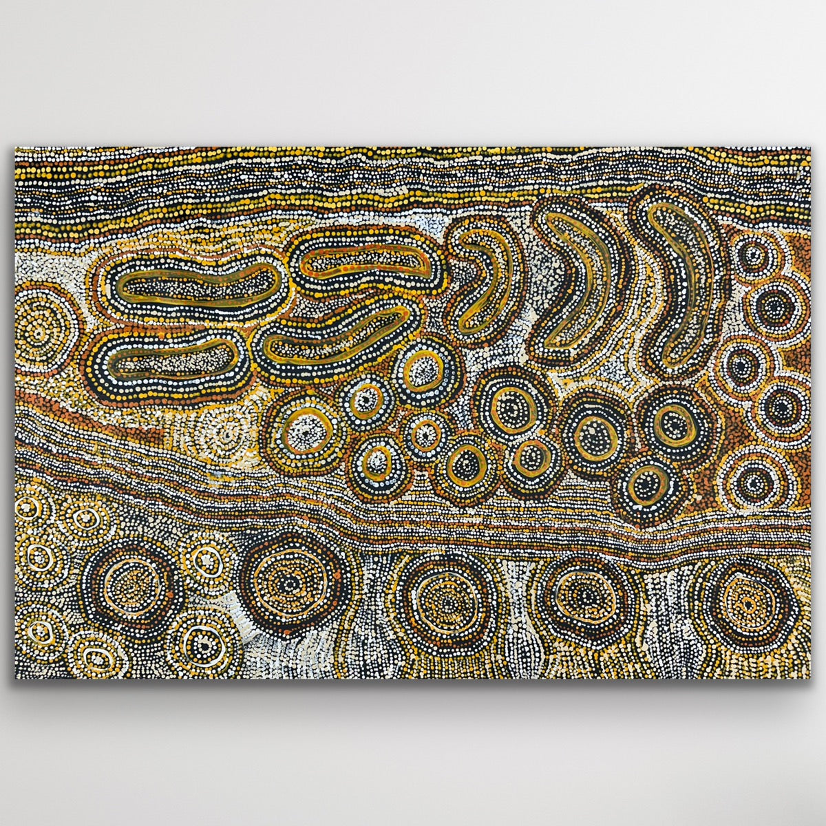 Original Aboriginal artwork “Seven Sisters” by Teresa Punami Mula Pimangka featuring desert forms and symbolic rock holes