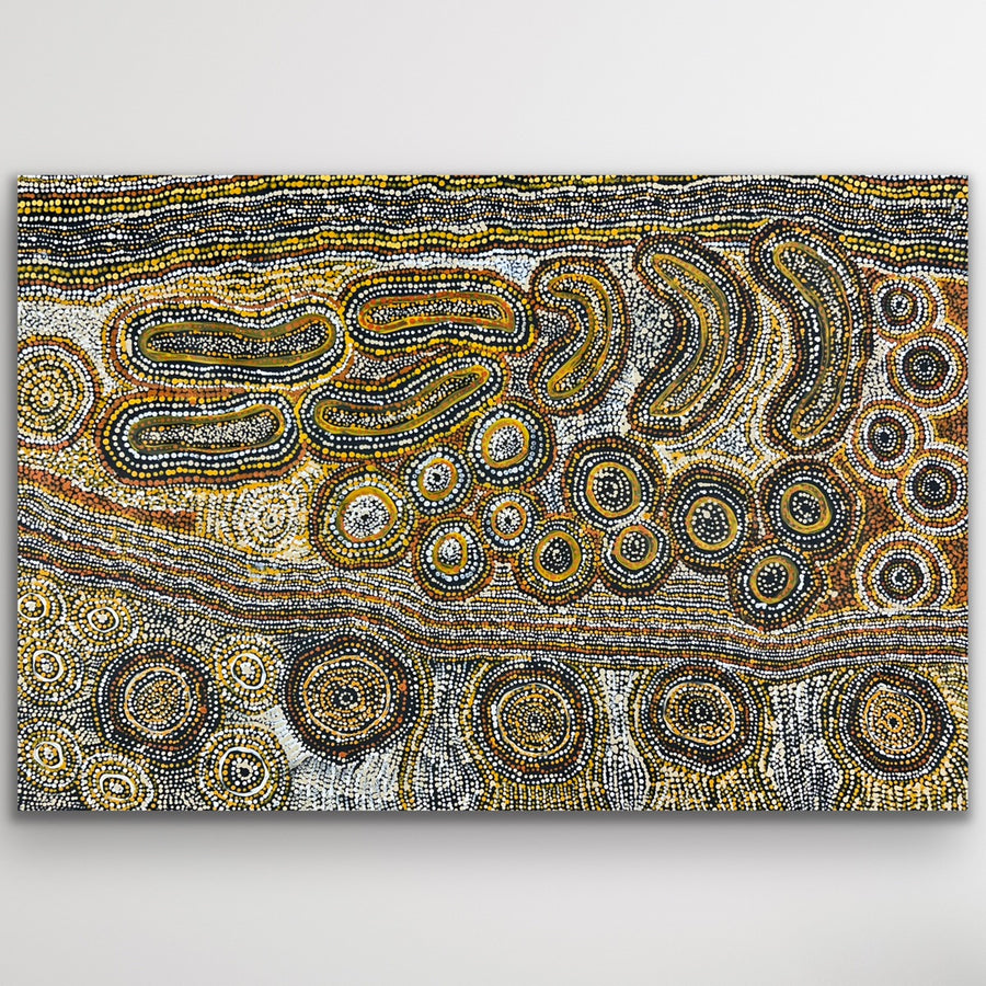 Original Aboriginal artwork “Seven Sisters” by Teresa Punami Mula Pimangka featuring desert forms and symbolic rock holes