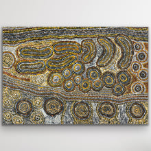 Load image into Gallery viewer, Original Aboriginal artwork “Seven Sisters” by Teresa Punami Mula Pimangka featuring desert forms and symbolic rock holes
