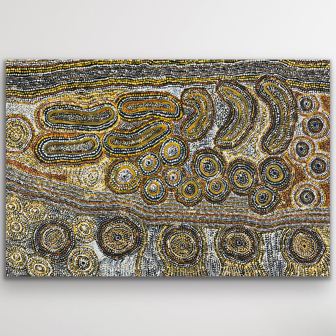 Original Aboriginal artwork “Seven Sisters” by Teresa Punami Mula Pimangka featuring desert forms and symbolic rock holes
