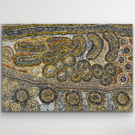 Original Aboriginal artwork “Seven Sisters” by Teresa Punami Mula Pimangka featuring desert forms and symbolic rock holes