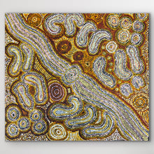 Load image into Gallery viewer, Intricate linework and soft textures illustrate the Seven Sisters Dreaming story through desert landscape forms.
