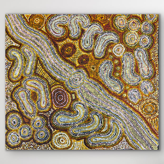 Intricate linework and soft textures illustrate the Seven Sisters Dreaming story through desert landscape forms.