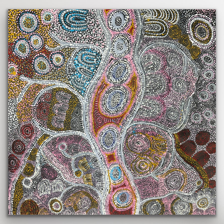 Full artwork view showing the colourful interconnected star story motifs in Teresa Pimangka’s Seven Sisters painting.