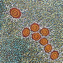Load image into Gallery viewer, Artistic representation of a pattern with circular shapes in brown, yellow, and white on a textured background.
