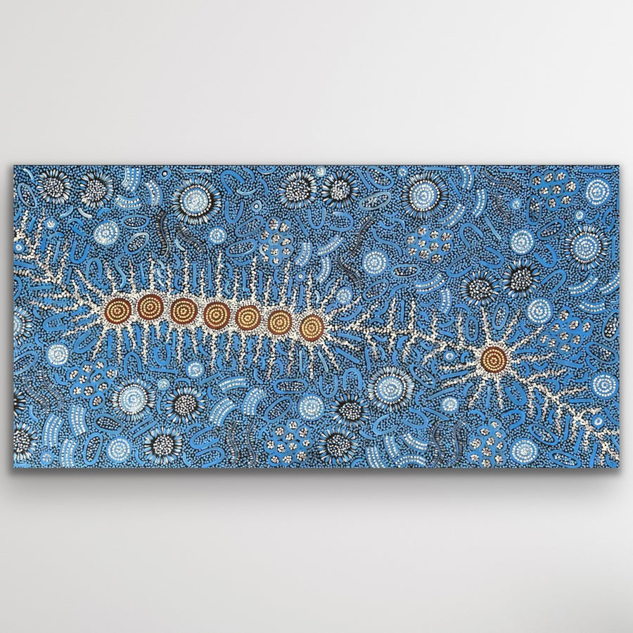 Seven Sisters Dreaming Aboriginal art canvas print by Michelle Possum Nungurrayi featuring blue ceremonial pathways and dot detailing