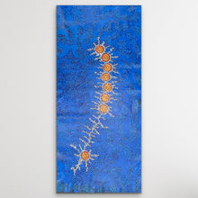 Load image into Gallery viewer, Seven Sisters Dreaming Michelle Possum Nungurrayi 193cm x 88cm blue large aboriginal painting shown on white wall vertical
