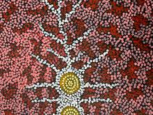 Load image into Gallery viewer, Close view of dotted details in Seven Sisters Dreaming Aboriginal art by Michelle Possum Nungurrayi
