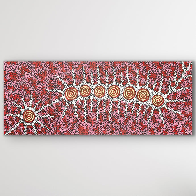 Horizontal view of Seven Sisters Dreaming Aboriginal painting with detailed dotting