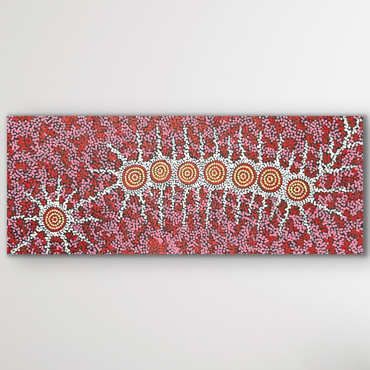 Horizontal view of Seven Sisters Dreaming Aboriginal painting with detailed dotting