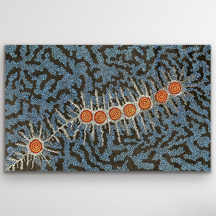 Seven Sisters Dreaming by Michelle Possum Nungurrayi, aerial view Aboriginal painting featuring star clusters and ancestral stories
