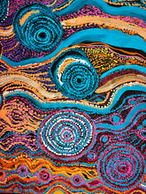 Load image into Gallery viewer, "Seven Sisters" Rhoda Tjitayi 149cm x 81cm in turquoise, purple, orange, pink, yellow, and black.
