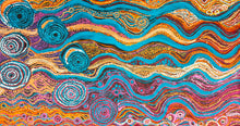 Load image into Gallery viewer, A close-up of a colorful "Seven Sisters" Rhoda Tjitayi 149cm x 81cm artwork with wavy horizontal bands in turquoise, orange, pink, purple, and gold, overlaid with many circular dot patterns.
