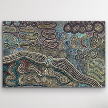 Load image into Gallery viewer, Layers of desert blue, green and ochre ripple across Teresa Pimangka’s Seven Sisters, symbolising the movement of the ancestral story through sky and land.
