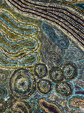 Load image into Gallery viewer, Braided songlines ripple through cool blues and warm ochres to evoke movement over desert terrain.
