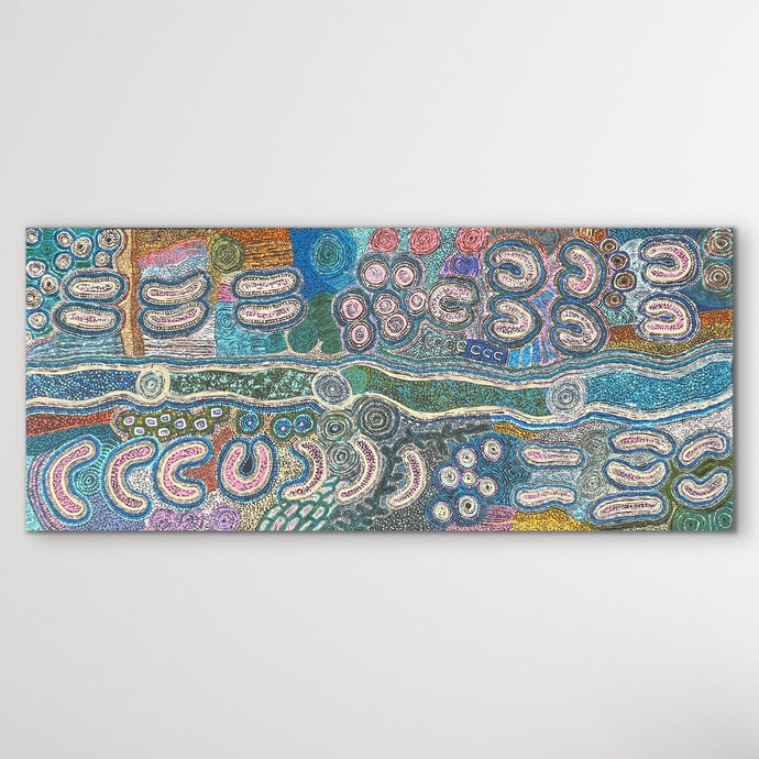 Original Aboriginal painting featuring flowing pathways and clustered circular Dreaming symbols