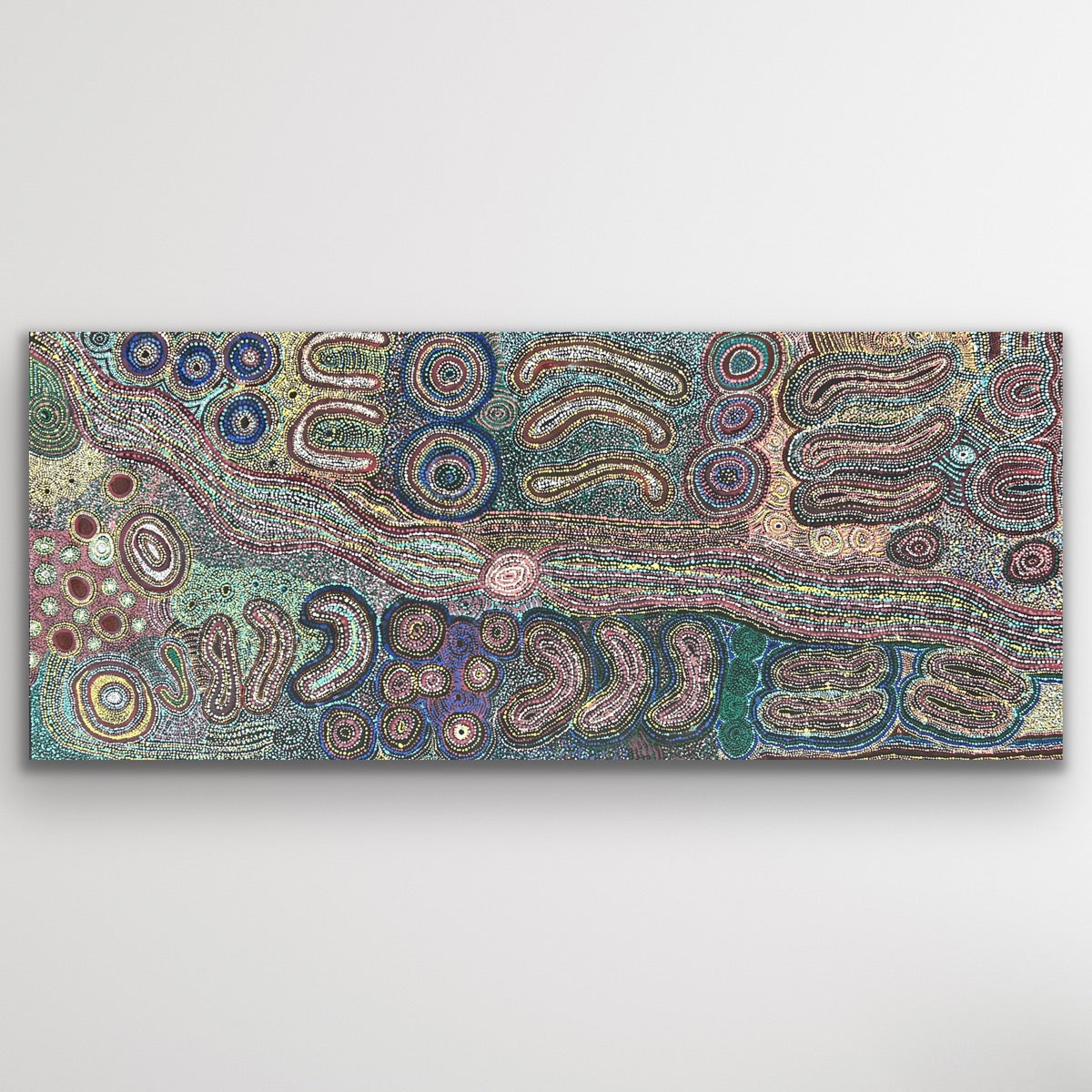 A panoramic artwork alive with soft greens and mauves, depicting ancestral journeys through flowing patterns.