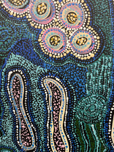 Load image into Gallery viewer, Colorful abstract artwork with circular patterns and blue background by Indigenous artist Teresa Mula 
