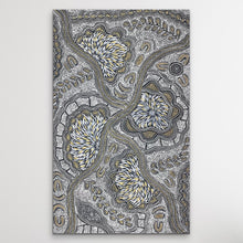 Load image into Gallery viewer, Black, white and cream Aboriginal artwork by Sharon Numina on white wall vertical.
