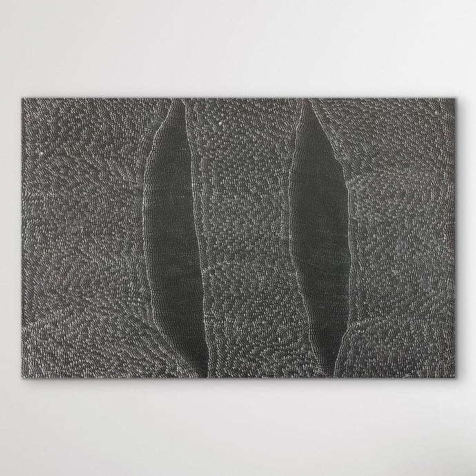 Full view of Tali (Sandhills) by Dulcie Kelly Nangala showing soft grey tones and layered dot work inspired by Central Australian dunes.