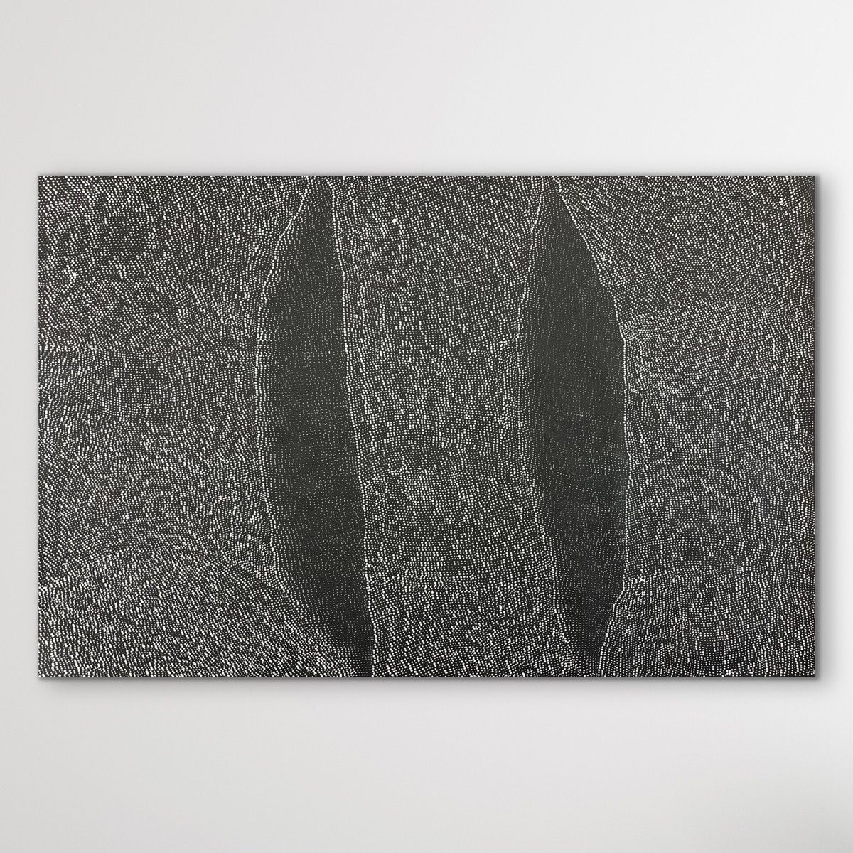 Full view of Tali (Sandhills) by Dulcie Kelly Nangala showing soft grey tones and layered dot work inspired by Central Australian dunes.