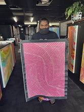 Load image into Gallery viewer, Artist signature and texture detail on Tansy Martin&#39;s 66x96cm bush onion Aboriginal painting
