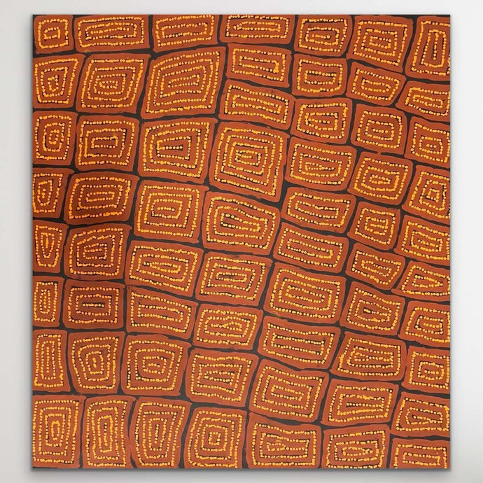 Aboriginal artwork featuring brown and orange tones, an original indigenous painting.