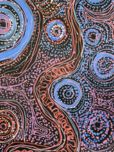 Load image into Gallery viewer, Authentic Aboriginal artwork &#39;Piltati Tjukurpa&#39; by Rhoda Tjitayi shown vertically, detailed dot painting from APY Lands with Dreamtime story
