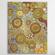 Load image into Gallery viewer, full Aboriginal artwork with circular patterns vertical on white wall
