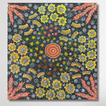 Load image into Gallery viewer, Bush Medicine Leaves and Bush Flower by Joylene Pope, 93cm x 87cm. Authentic Aboriginal artwork from Central Australia featuring vibrant bush medicine leaves and native wildflowers.

