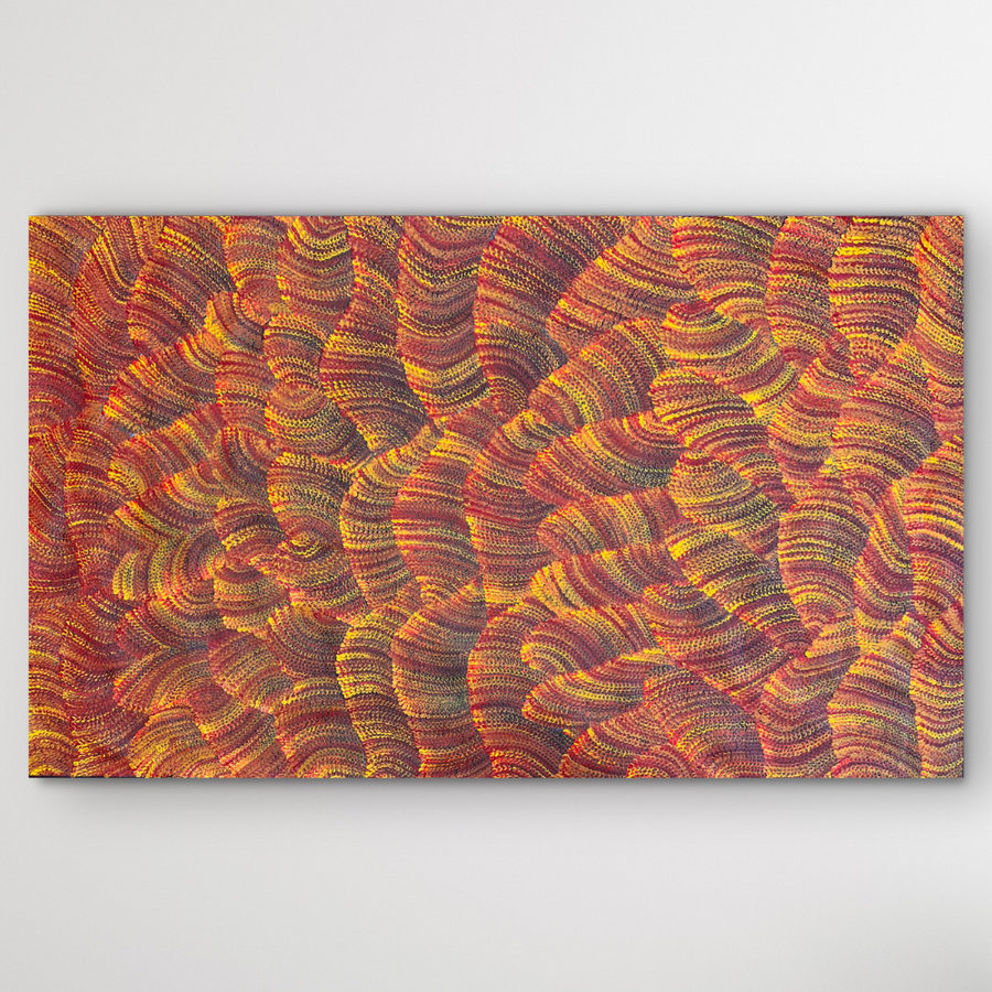 "Sand Dunes (Tali)" by Maureen Nampijinpa Hudson - detail view of Aboriginal painting, 150cm x 91cm