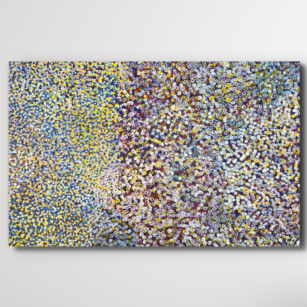 Bessie pitjara Bush Plum multicolored dots on a Black background