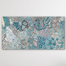 Load image into Gallery viewer, Large painting wiyh intricate blue and silver floral patterns
