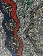 Load image into Gallery viewer, Aboriginal artwork with wavy patterns in red, blue, and white, dot art Australia "My Country" Rayleen Pula Price 91cm x 69cm
