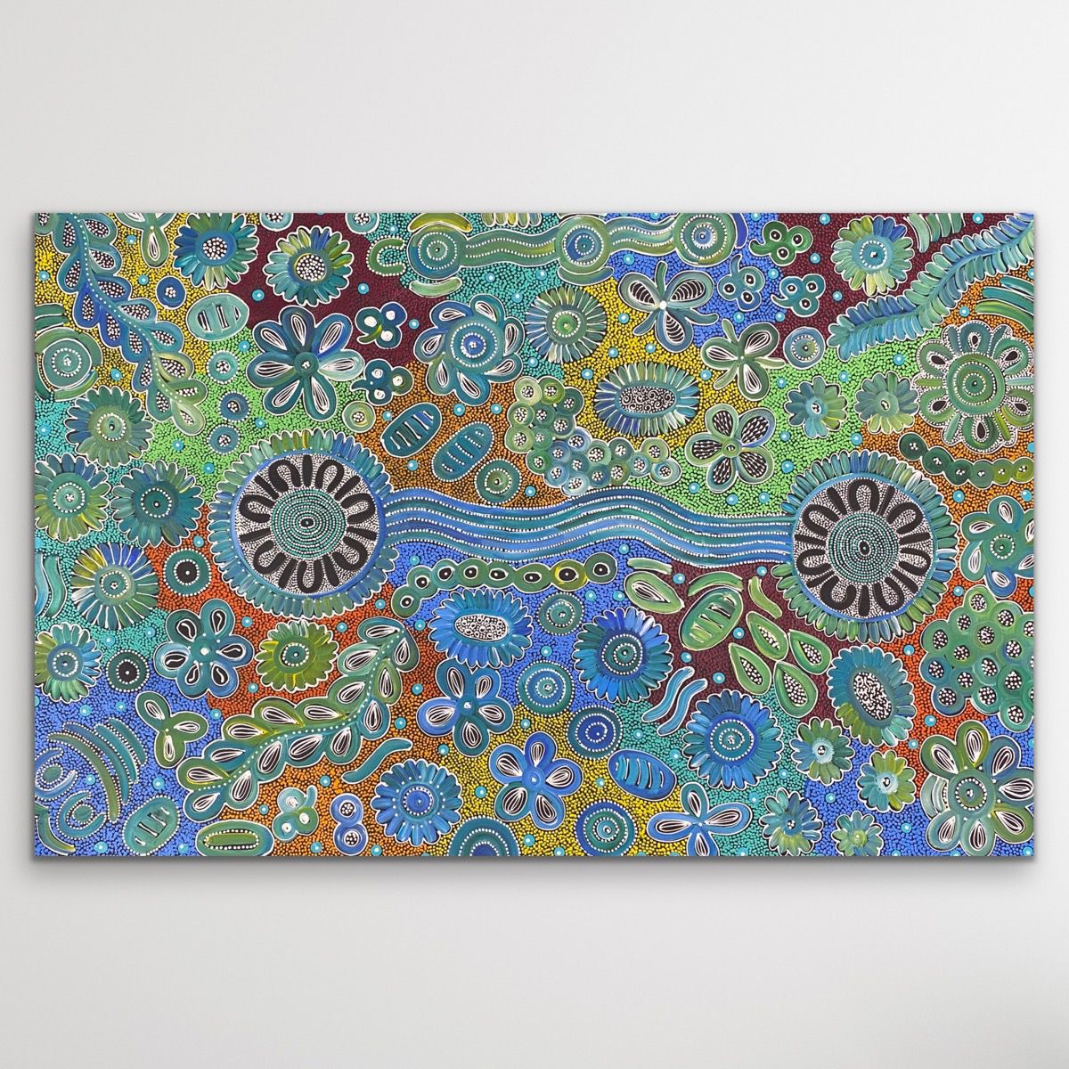 Utopia Bush flowers Bernadine Johnson Kemarre medium sized painting blue green yellow