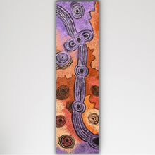 Load image into Gallery viewer, Vertical close crop of Minyma Maililu highlighting vivid orange and purple tones representing Maililu’s journey across the sandhills.
