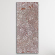 Load image into Gallery viewer, Vertical photo showing Nancy Martin Napangarti’s long-format canvas painted with circular patterns symbolising bush tucker.
