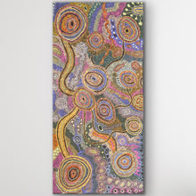 Load image into Gallery viewer, Close-up showing stacked circular motifs and dotted lines in warm and cool tones
